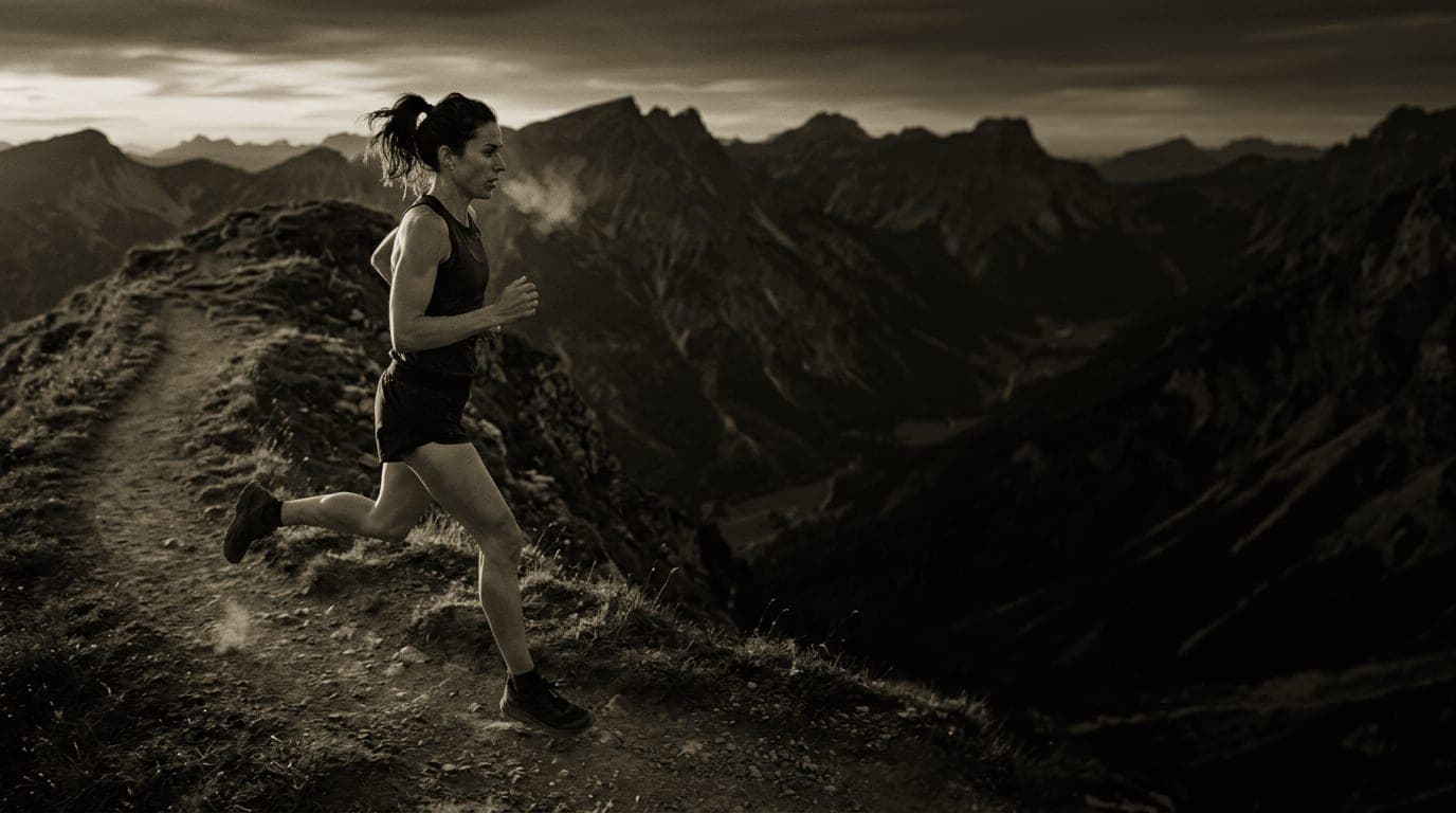 Trail runner at golden hour on a mountain ridge