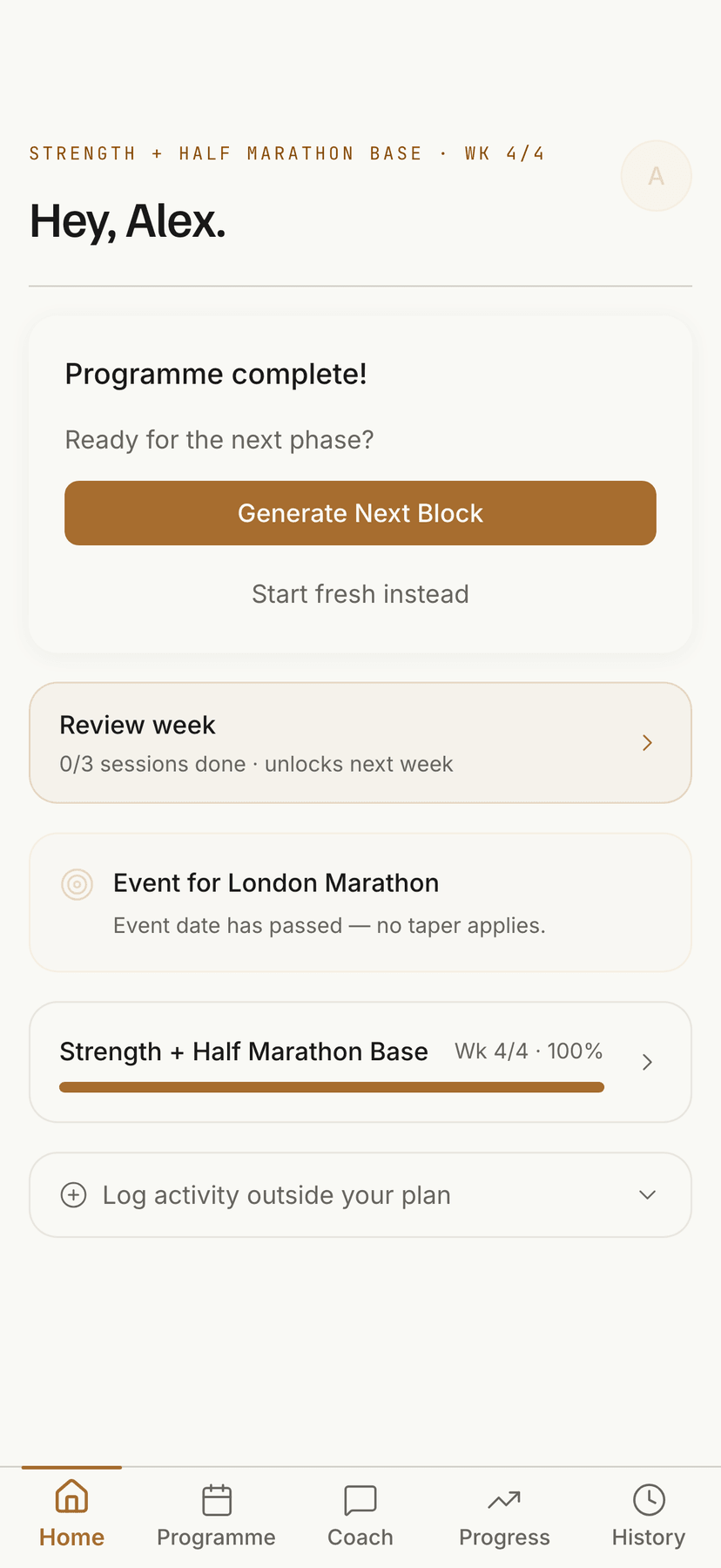 S+C.ai dashboard: today's session with programme week and coaching context