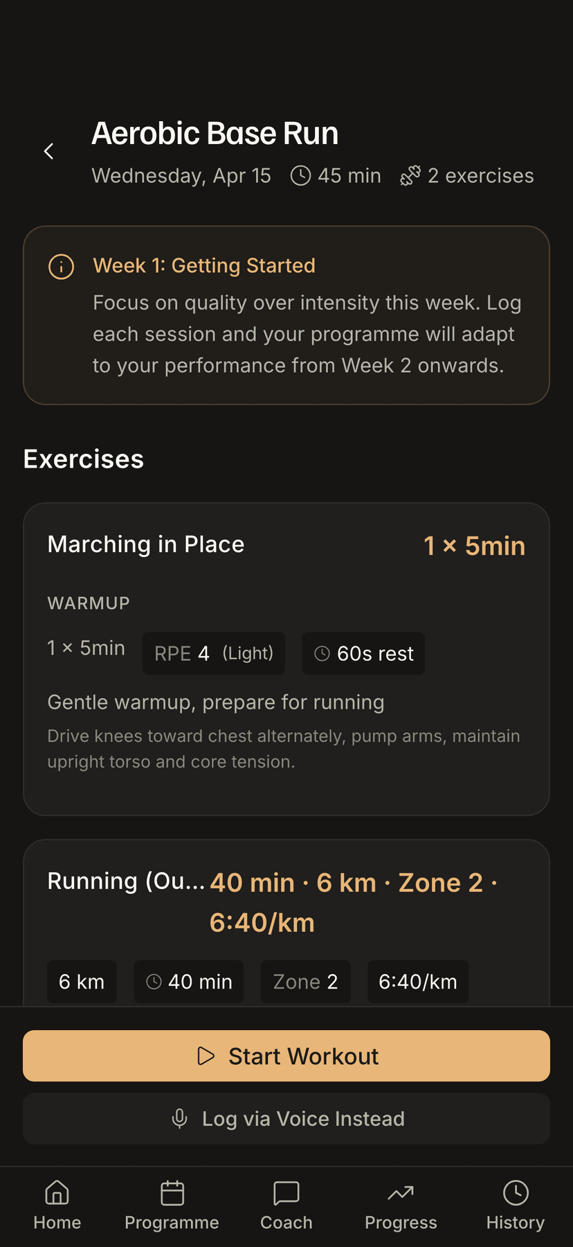 S+C.ai run session: aerobic base run with duration, distance and heart-rate zone targets