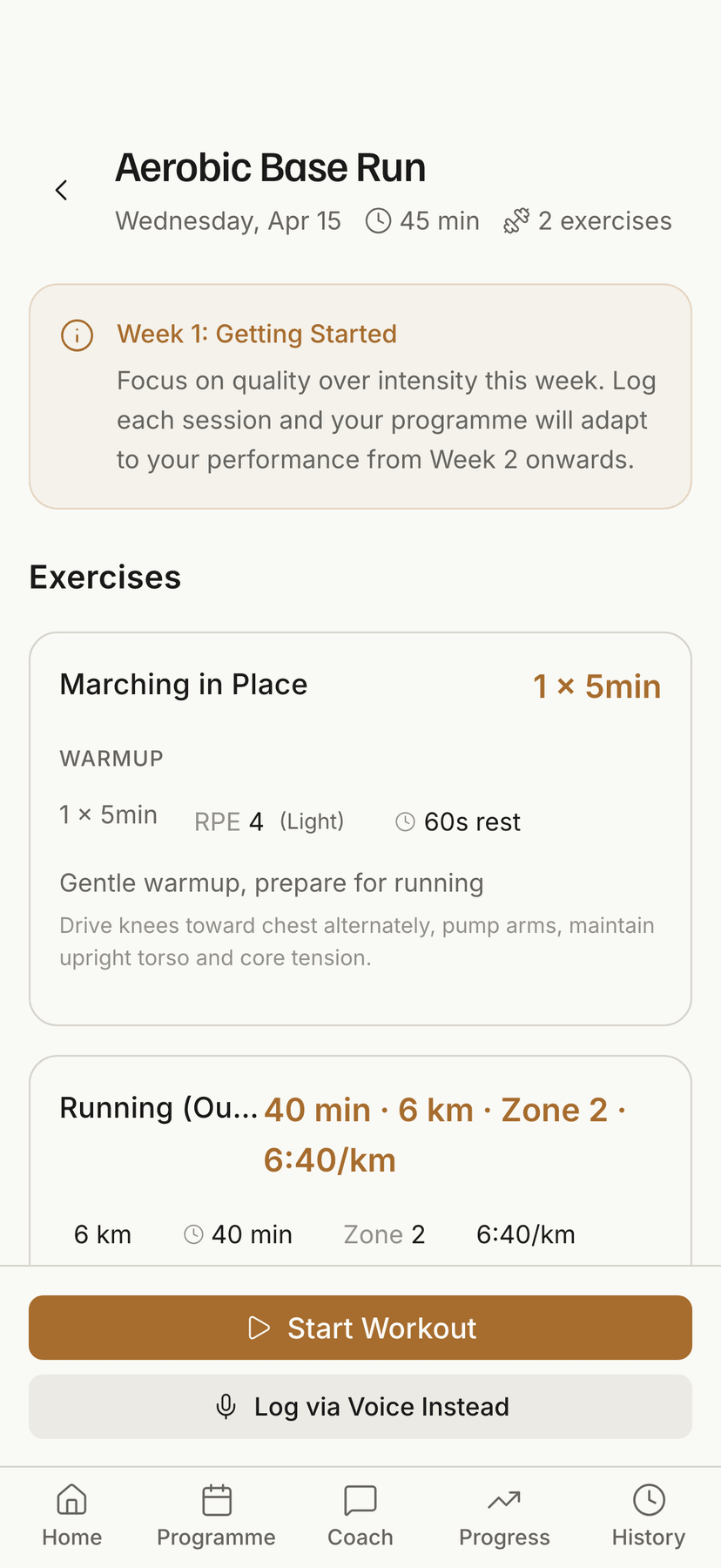 S+C.ai run session: aerobic base run with duration, distance and heart-rate zone targets