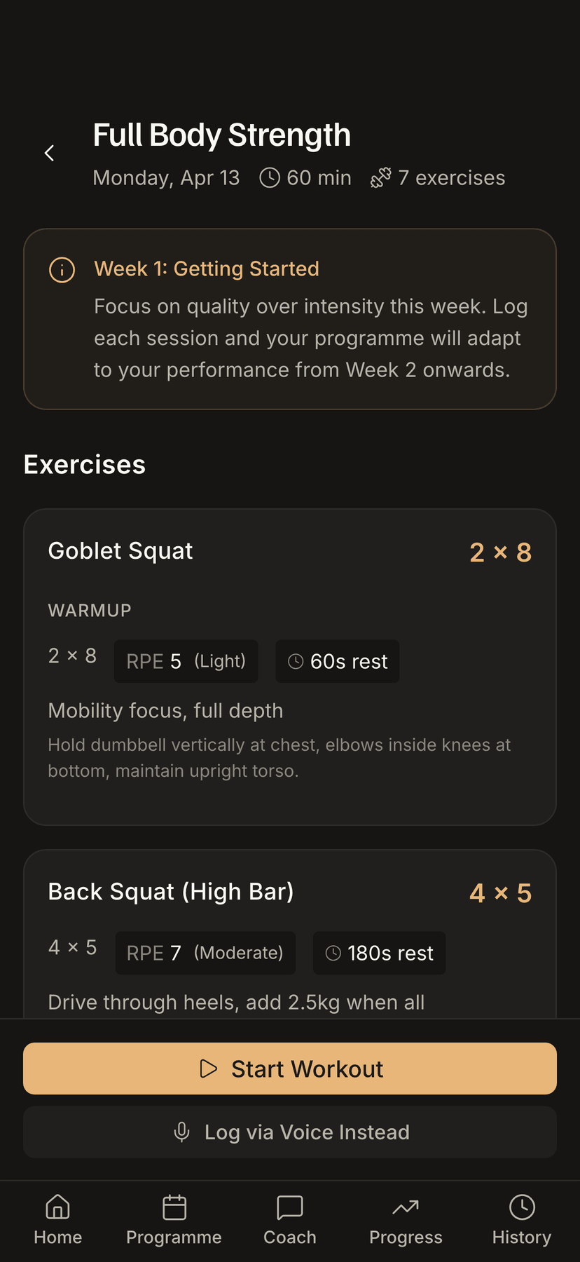S+C.ai strength session: exercises with sets, reps and load targets