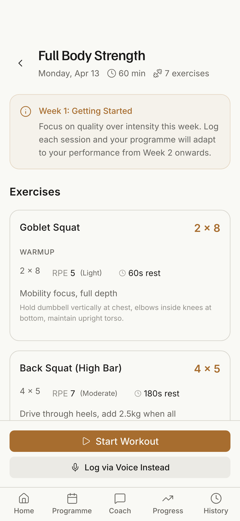 S+C.ai strength session: exercises with sets, reps and load targets
